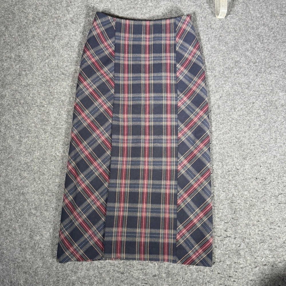 Free People Navy Blue Red Plaid Midi Pencil Skirt Size 2 High Waisted Stretch